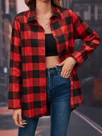 A Loose-Fitting Long-Sleeve Shirt for Women with Red Checkered Patterns And Front Buttons, Perfect for Casual Wear - Red