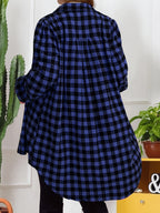 Plus Size, Women's Plus Size Elegant Black Checkered Lantern Sleeve Soft Breathable Vintage Street Style Casual Shirt Jacket - Blue