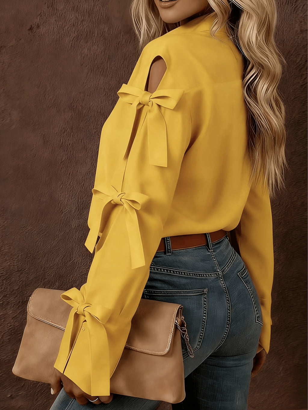 Women'S Solid Color Bow Decorated Long Sleeve Single-Button Shirt, Suitable for Office, Home, Street, And Administration - ginger-colored