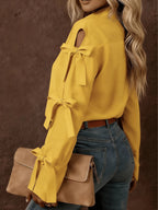 Women'S Solid Color Bow Decorated Long Sleeve Single-Button Shirt, Suitable for Office, Home, Street, And Administration - ginger-colored
