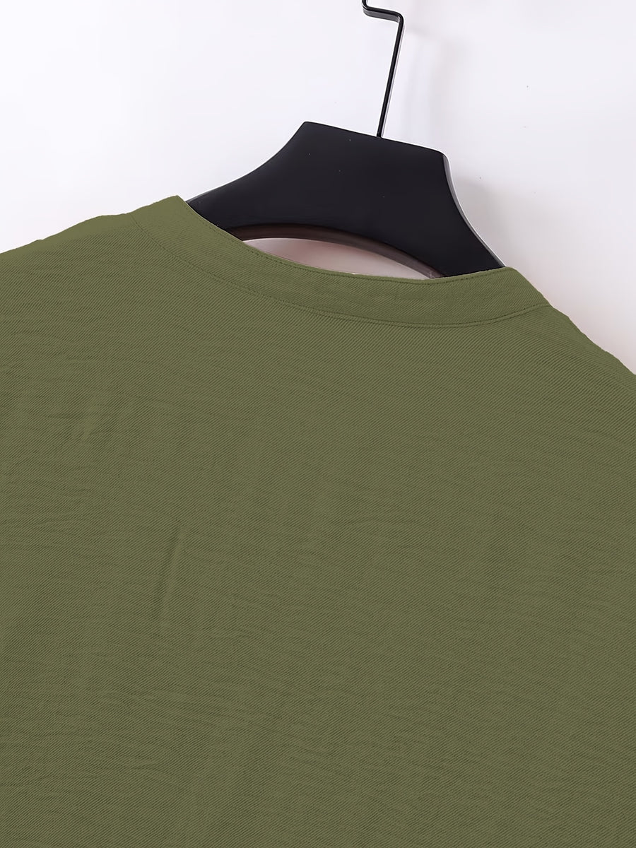Men's Stand-Up V-Neck Half-Open Placket Linen Long-Sleeve Shirt, Solid Color Basic Style, Suitable for Beach Vacations, Daily Outings, and Casual Gatherings, Can Be Worn Alone or as an Inner Shirt - Military Green