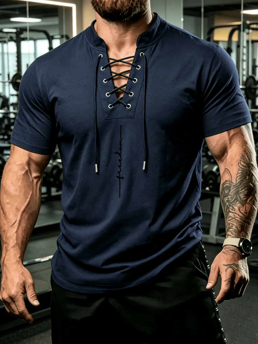 Summer Men'S Fashion Lace-Up Henley Short Sleeve Print T-Shirt, Mandarin Collar Top, Fitness Workout Training Short Sleeve - Navy Color