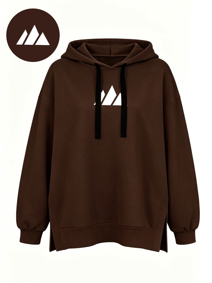 Women'S Fashion Hooded Sweatshirt for Autumn And Winter - Pattern Print Design, Side Slit Detail, Pullover Hoodie - Dark Brown