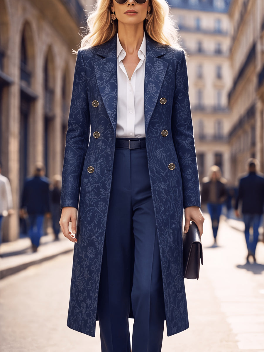 Women'S Spring Autumn New Vintage Printed Long Blazer, Double-Breasted Coat with Lining And Pockets - Purplish Blue