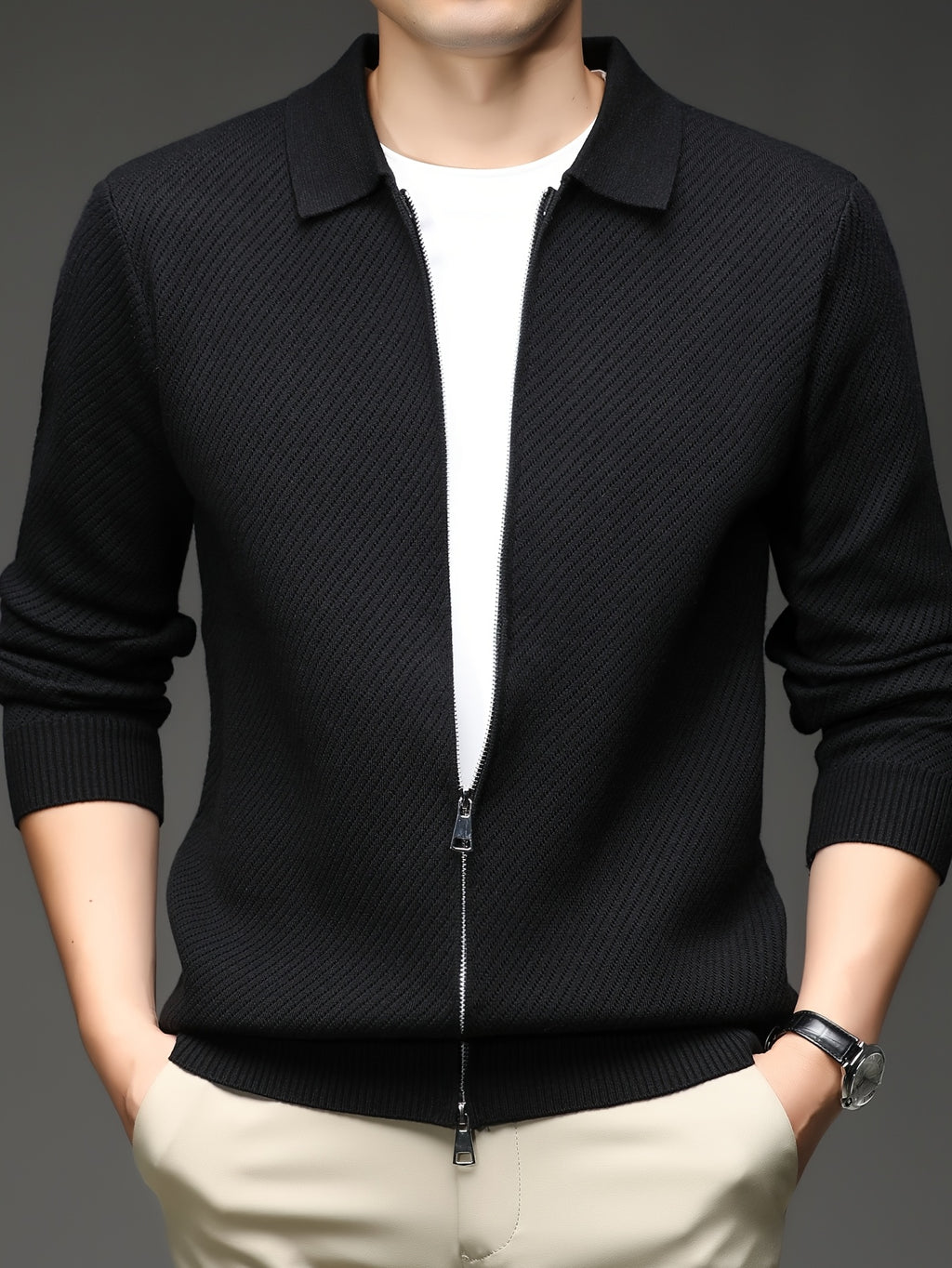 Xingfan Autumn/Winter Men's Long-Sleeve Open-Front Cardigan Lapel Business Casual Solid Color Chunky Knit Full-Zip Thickened Outerwear Jacket - Black