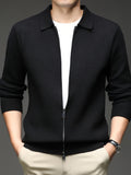Xingfan Autumn/Winter Men's Long-Sleeve Open-Front Cardigan Lapel Business Casual Solid Color Chunky Knit Full-Zip Thickened Outerwear Jacket - Black