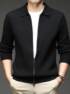 Xingfan Autumn/Winter Men's Long-Sleeve Open-Front Cardigan Lapel Business Casual Solid Color Chunky Knit Full-Zip Thickened Outerwear Jacket - Black