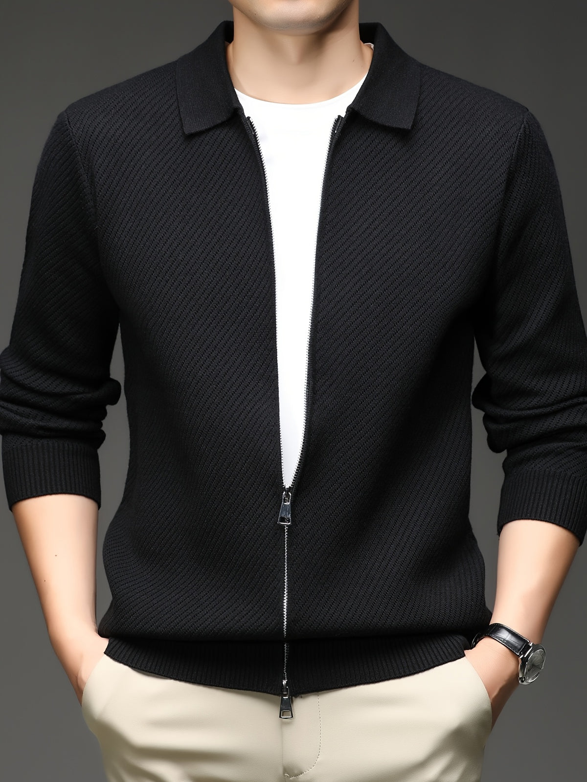 Xingfan Autumn/Winter Men's Long-Sleeve Open-Front Cardigan Lapel Business Casual Solid Color Chunky Knit Full-Zip Thickened Outerwear Jacket - Black