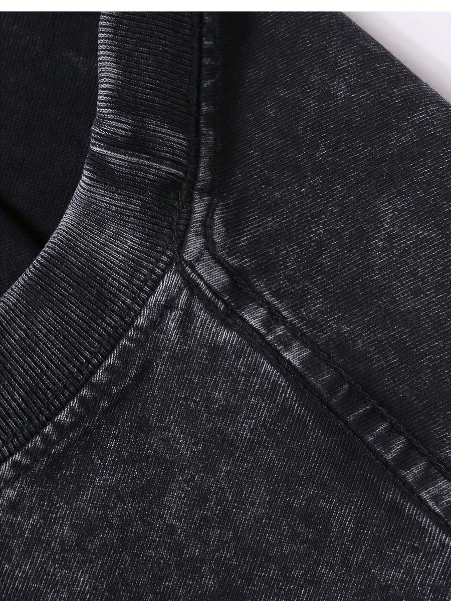 Men'S 100% Washed Solid Color Collar Shirt Short Sleeve T-Shirt - Vintage Distressed Design, Lightweight Breathable Fabric, Street Style Loose Top, Casual Inner Wear And Outer Wear Suitable - Black