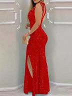 Fashionable Elegant Sleeveless Lace Patchwork Sexy Solid Color Slit Ruffled Party Sparkly Long Women'S Dress - Red