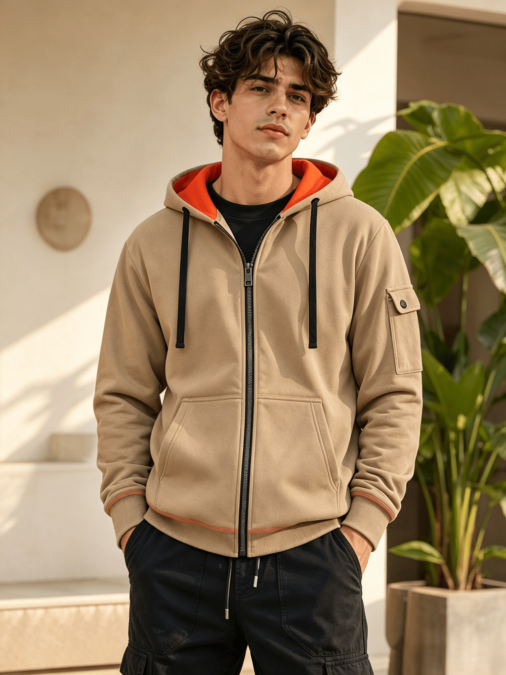 Men's Full Zip Hoodie, Contrast Color Hooded Sweatshirt with Cargo Pockets, Casual, Comfortable, Versatile Fall Winter Jacket - Khaki