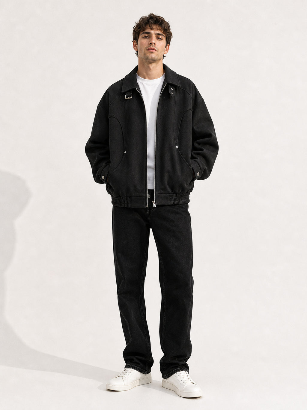 1pc Men's Collar Jacket - Loose and Casual American Style Men's Jacket - Pure Color Men's Genderless Style Jacket - Popular Design with Zipper - Spring and Autumn Season. Comfortable, Breathable and Soft. Suitable for Daily Wear and Parties. - Black