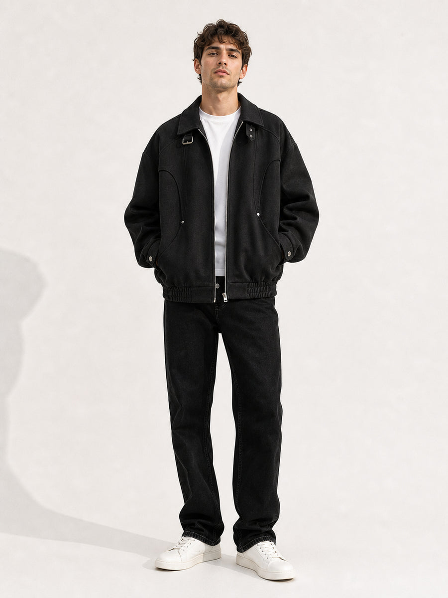 1pc Men's Collar Jacket - Loose and Casual American Style Men's Jacket - Pure Color Men's Genderless Style Jacket - Popular Design with Zipper - Spring and Autumn Season. Comfortable, Breathable and Soft. Suitable for Daily Wear and Parties. - Black