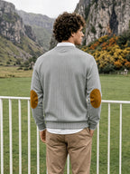 Men'S Corduroy Long-Sleeve Crew-Neck Pullover Leisure Work Outdoor Daily Wear Faux Collar Elbow Patches Design Loose Regular Fit Suitable for Spring, Autumn, And Winter Four Seasons Solid Color Minimalist Tone - Light Grey