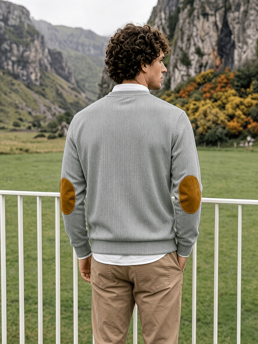 Men'S Corduroy Long-Sleeve Crew-Neck Pullover Leisure Work Outdoor Daily Wear Faux Collar Elbow Patches Design Loose Regular Fit Suitable for Spring, Autumn, And Winter Four Seasons Solid Color Minimalist Tone - Light Grey
