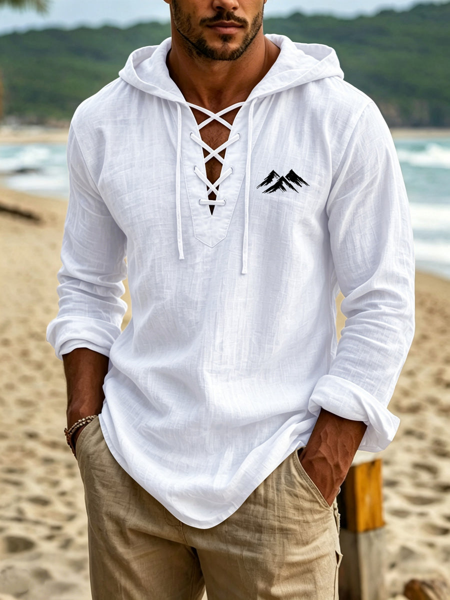 Outdoor Mountain Men's Linen Hooded Long-Sleeve Shirt with Hand-Painted Mountain Silhouette Print to Enhance Apparel Recognizability. Creative Cross-Tie Collar Adds Rich Layering. Long Sleeves and Hooded Design Create an Atmospheric Men's Outfit - White