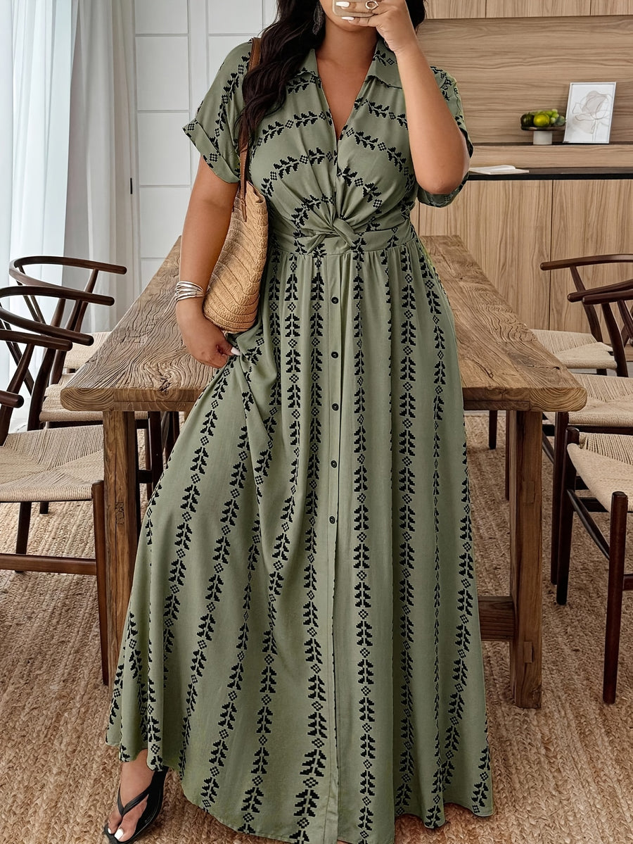 Plus Size Pink Geometric Print Shirt Dress, Women'S Short Sleeve Tie Front Maxi Dress, Casual Button A-Line Dress for Curvy Ladies 2026SS - Olive Green