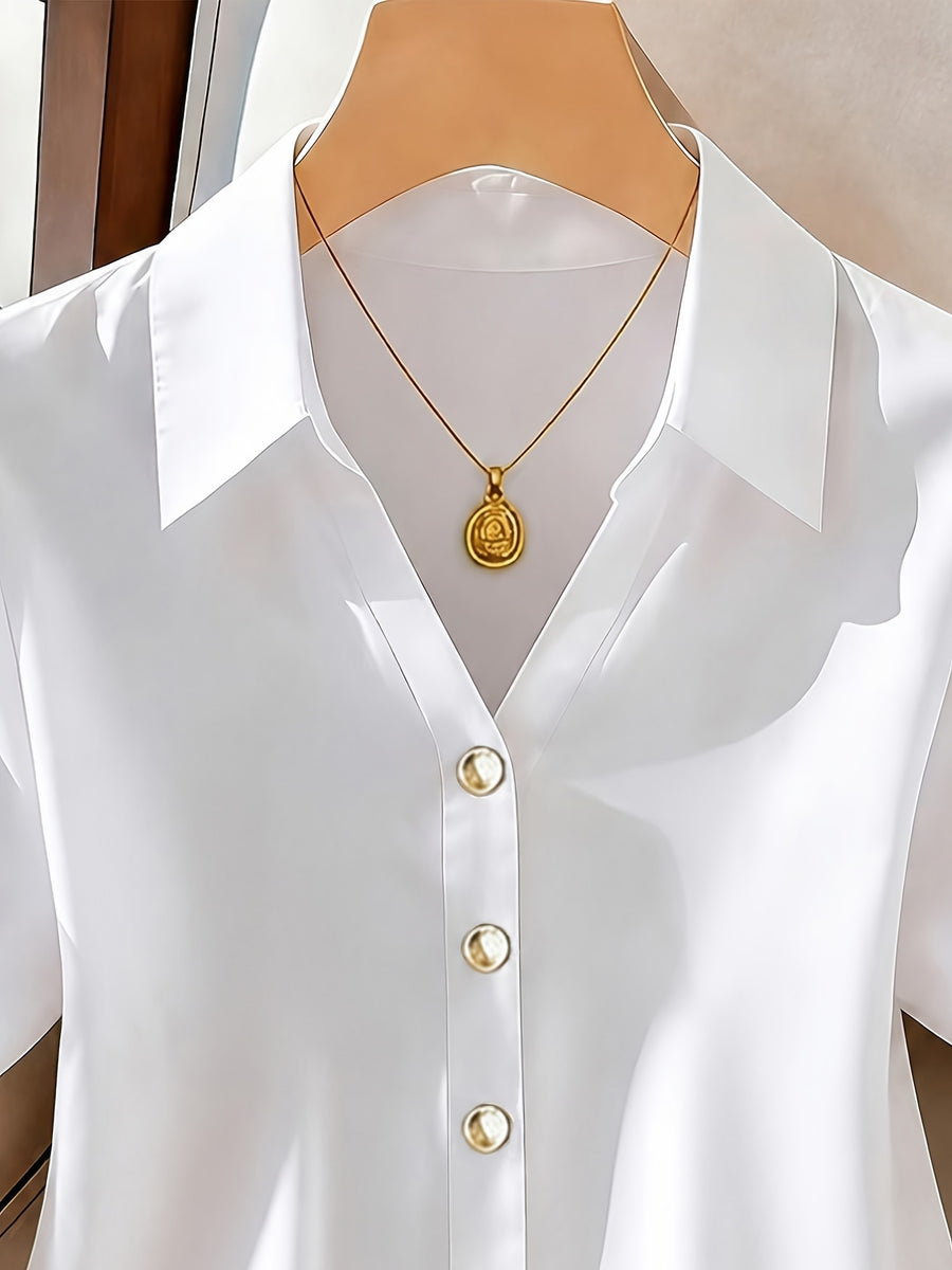 New Women's Top, Solid Color Short-Sleeve Casual Shirt for Women, Elegant and Casual Women's Blouse, Suitable for Commuting, Outings, and the Office - White