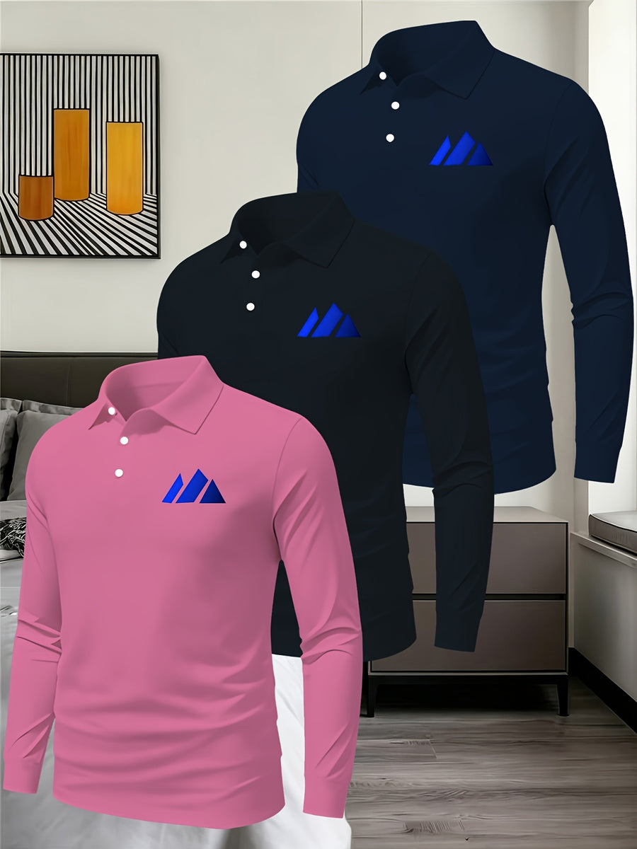 3pcs Solid Color Long Sleeve Lapel Polo Shirts for Young and Middle-Aged Men, Eyelet Lightweight Breathable Commuting Workwear Loose Fit Long Sleeve Base Layers - Pink Black Navy Blue