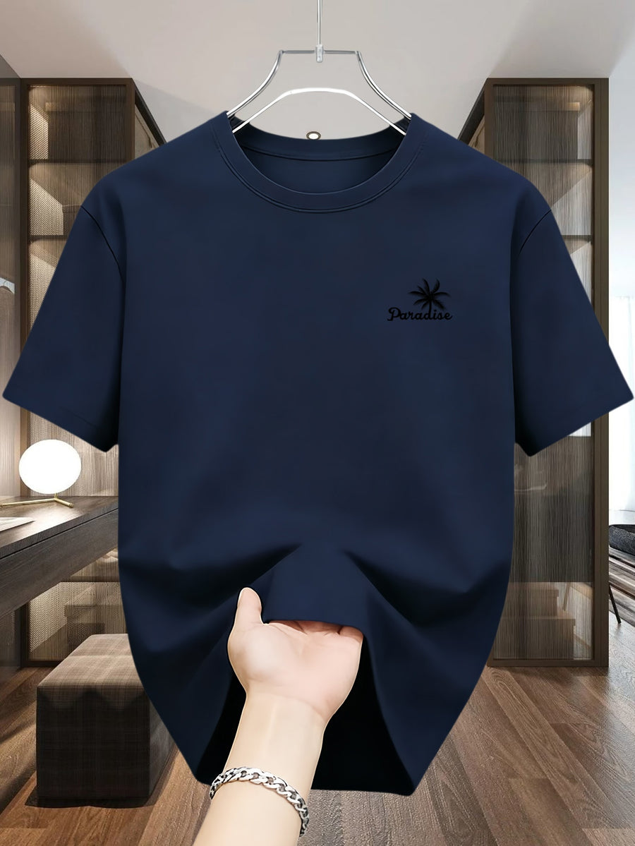 Men'S T-Shirt Short Sleeve, Coconut Letter Print, Easy Casual Style, Summer Vacation Daily Wear, Comfortable And Breathable Top - Navy Color