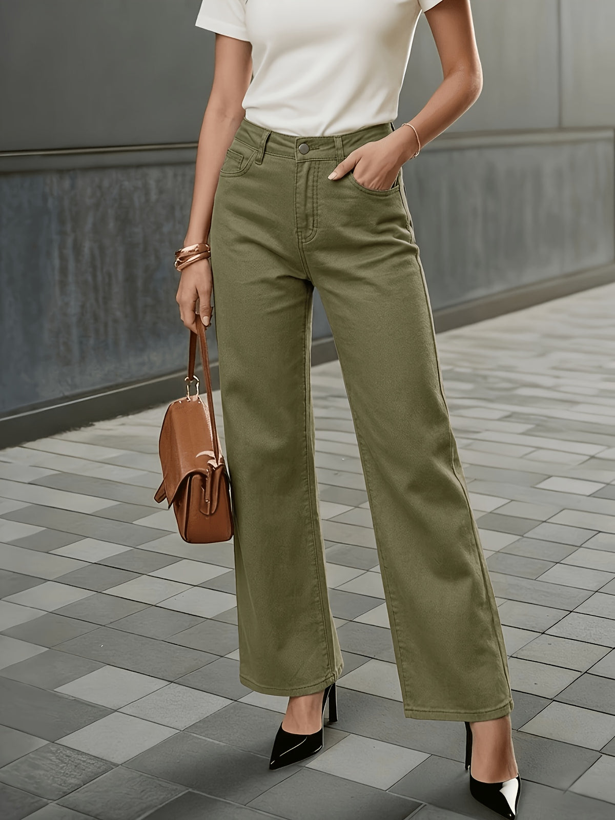 26SS Women'S Minimalist Light Green Wide Straight Casual Pants, Suitable for Everyday Wear, Versatile Long Pants - Matcha Color