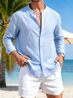 Men'S And Linen Button-Up Shirt, Casual Stand-Up Collar Long Sleeve Shirt, Men'S Beach Vacation/Daily Wear/Outdoor Travel/Home Walking/Weekend Outings, Dates, Gatherings, Office Casual Outdoor Wear (Shirt) - Sky Blue