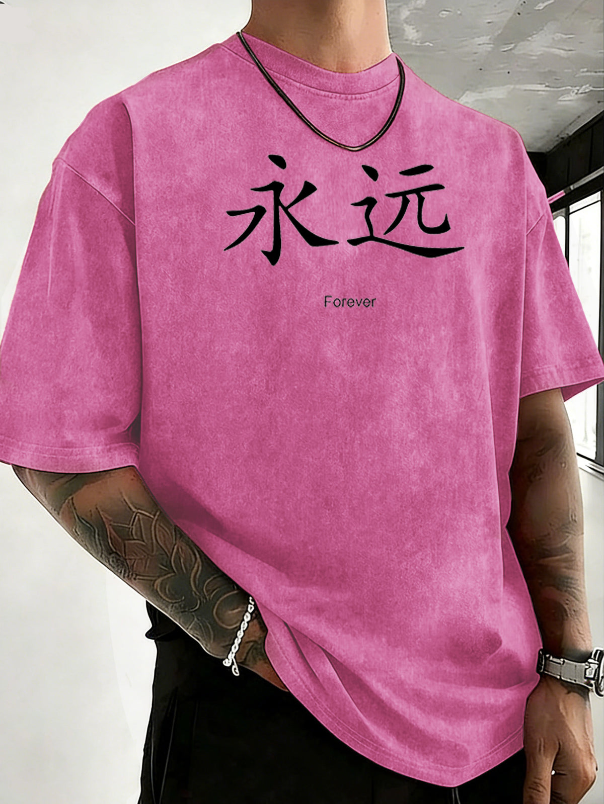 Heavyweight Ready-to-Wear Dyed Washed Double-Sided Print T-Shirt for Adults, Featuring Letter Graphic Print, Simple Loose Fit Pure Cotton Top, Versatile Short Sleeve for Commuting, Office, and Daily Wear - Rose Red