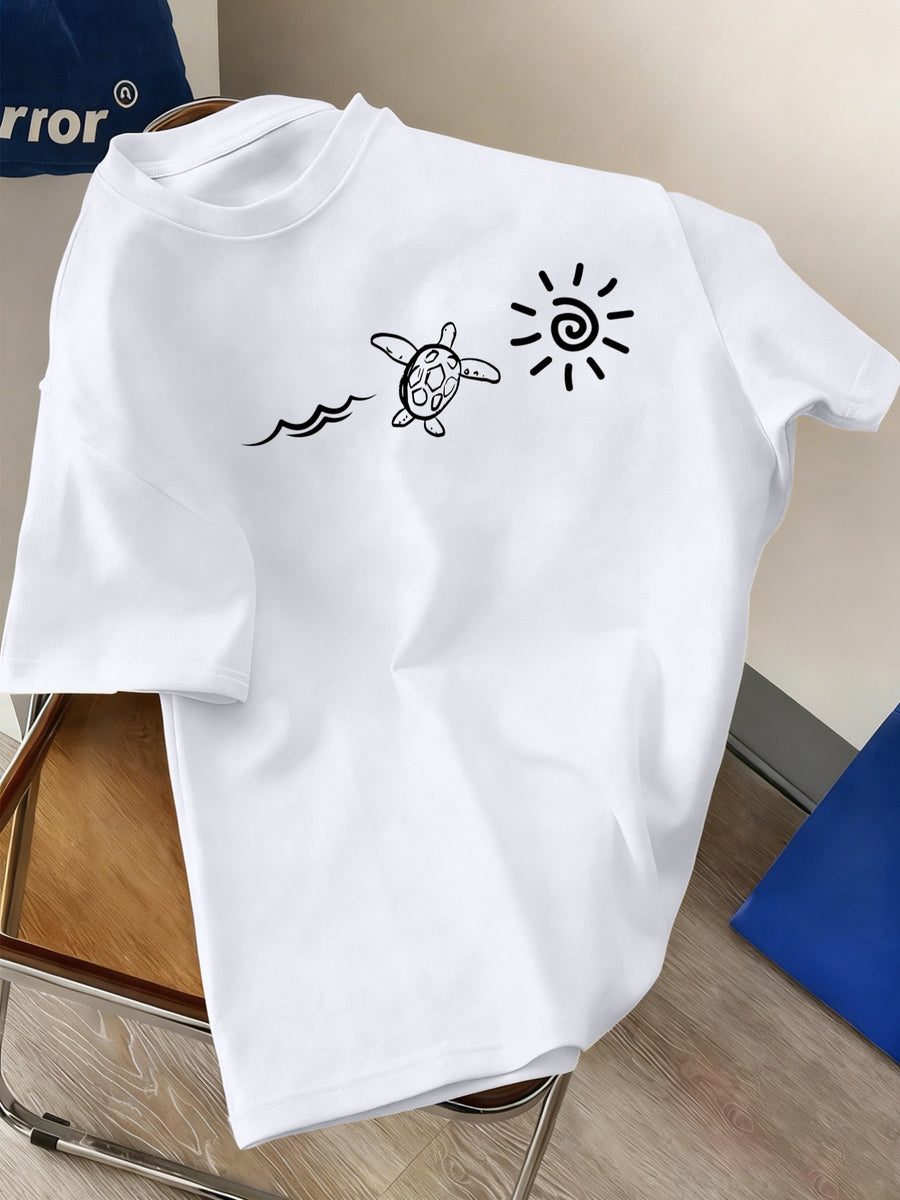 Men's New Style Pure Cotton Crew Neck Short Sleeve T-Shirt with Sea Turtle, Ocean Wave, and Sun Print - Comfortable, Soft, Breathable, Perfect for Vacation, Leisure, and a Summer Essential - White