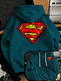 Men'S Fashion Sweatshirt, Retro Distressed Cracked Graffiti Superman Logo Print Design, Men'S Trendy Hoodie Loose Fit, Adjustable Drawstring, Fleece-Lined Sweatshirt Comfortable Fall Winter Wear, Outdoor Sports Casual Trendy Clothing - Deep Green