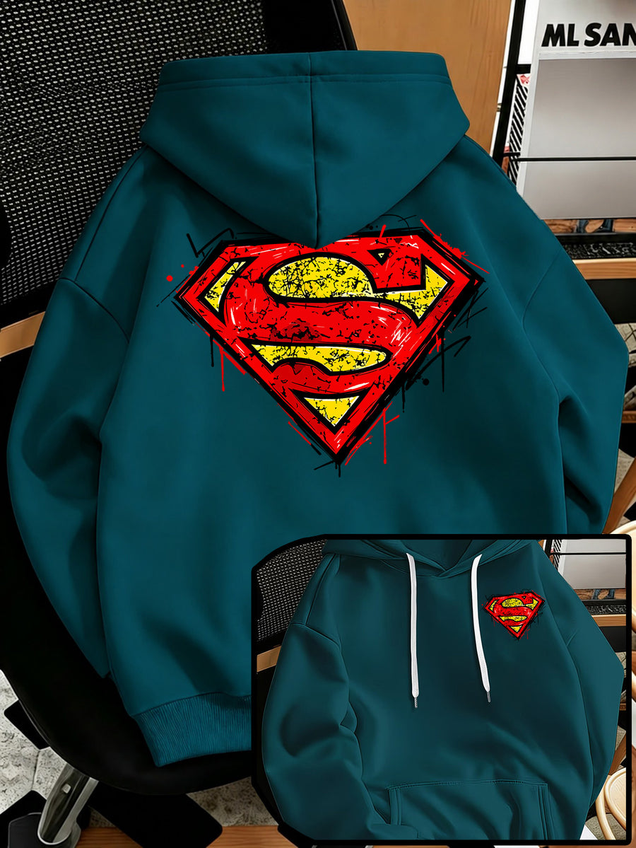 Men'S Fashion Sweatshirt, Retro Distressed Cracked Graffiti Superman Logo Print Design, Men'S Trendy Hoodie Loose Fit, Adjustable Drawstring, Fleece-Lined Sweatshirt Comfortable Fall Winter Wear, Outdoor Sports Casual Trendy Clothing - Deep Green