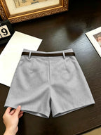 Women'S High-Waist Blazer Shorts, Solid Color Pleated Casual Shorts with Belt, Slim A-Line Commuter Shorts, Summer Lightweight Office And Daily Wear - Grey