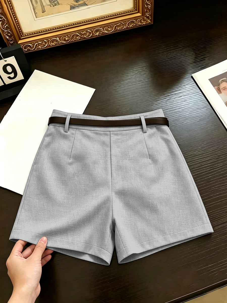 Women'S High-Waist Blazer Shorts, Solid Color Pleated Casual Shorts with Belt, Slim A-Line Commuter Shorts, Summer Lightweight Office And Daily Wear - Grey