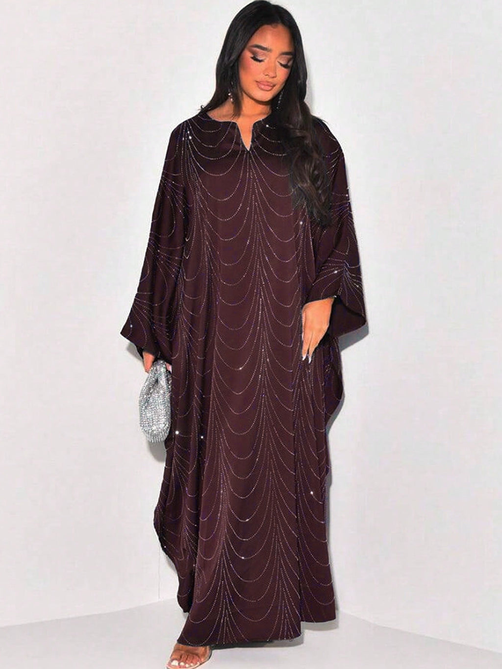 Ramadan Middle East Muslim New Women's Fashion Loose Rhinestone Batwing Sleeve Abaya Gown - Deep Red