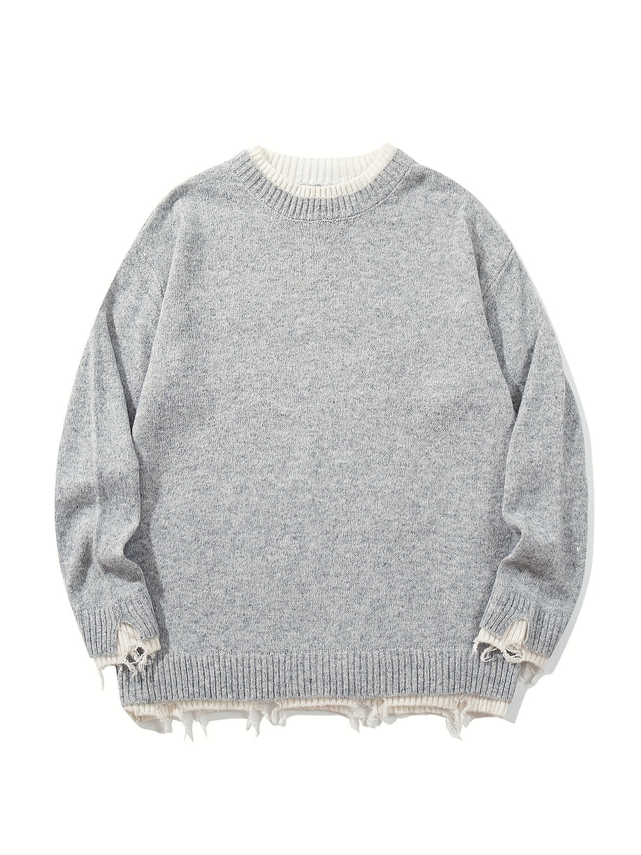 Spring Autumn Winter Men Women Neutral Casual Commute Loose Fun Round Neck Pullover Long Sleeve Patchwork Distressed Sweater Knit Top - Grey