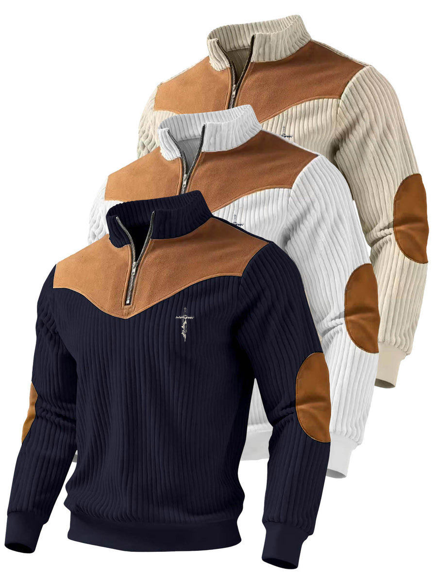 A 3pcs Men's Top Featuring Ribbed Cable-knit with Brown Block Design, Stand-up Collar, and Zipper Closure, Suitable for Both Daily Commutes and Formal Occasions, Offering a Casual yet Elegant Look - Apricot + white + navy blue