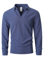 KJ-CX023-YY Old Money Style Men'S Solid Color Henley Lapel Long Sleeve Top V-Neck Pullover Shirt Beach Vacation Casual Shirt Outerwear - Navy Color