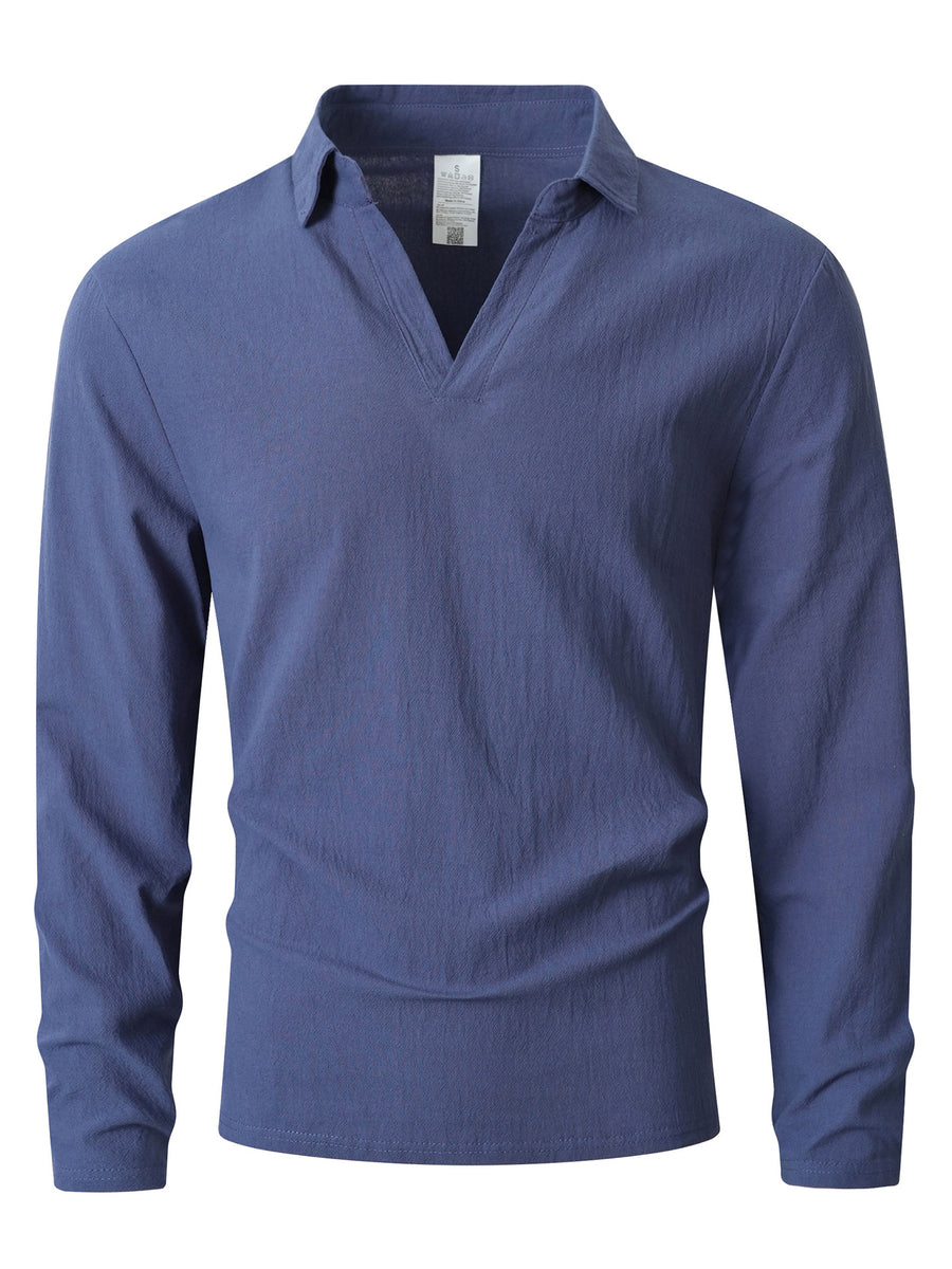 KJ-CX023-YY Old Money Style Men'S Solid Color Henley Lapel Long Sleeve Top V-Neck Pullover Shirt Beach Vacation Casual Shirt Outerwear - Navy Color