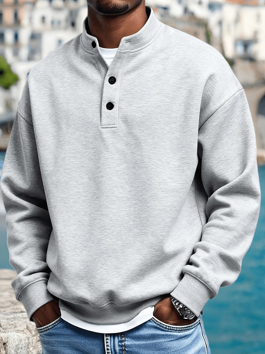 Men'S Spring Autumn Stand-Collar Pullover Sweatshirt, Button-Front Design Loose Long Sleeve Top, Solid Color Casual Wear Suitable for Daily Outings - Light Grey