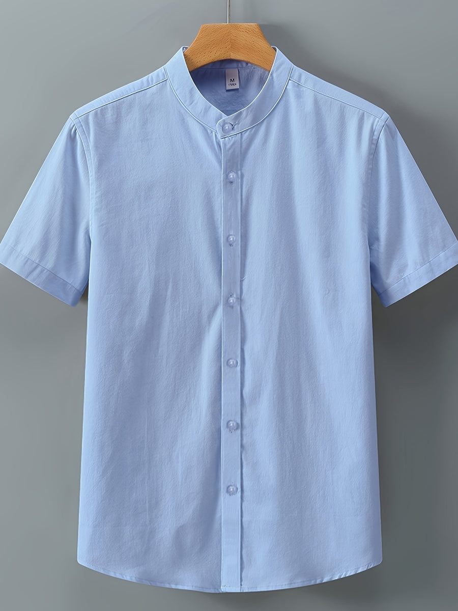 Single-piece Solid-colored Men's Short-sleeved Shirt, Classic Button-up Cardigan Style, Loose and Unrestricted, Available in Multiple Colors, Suitable for Office Wear, Casual Outings, and More. - Sky Blue