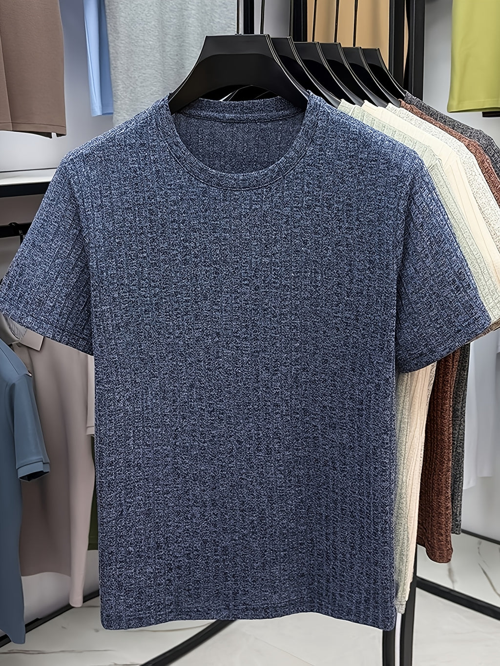 Men'S Round Neck Vertical Ribbed Knit T-Shirt, Summer Breathable Commuter Business Style, Casual Versatile Short Sleeve Top, Basic Round Neck Design, Neat Stitching, Contouring Neckline, Unrestrictive for Daily Activities - Shangqing