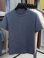 Men'S Round Neck Vertical Ribbed Knit T-Shirt, Summer Breathable Commuter Business Style, Casual Versatile Short Sleeve Top, Basic Round Neck Design, Neat Stitching, Contouring Neckline, Unrestrictive for Daily Activities - Shangqing