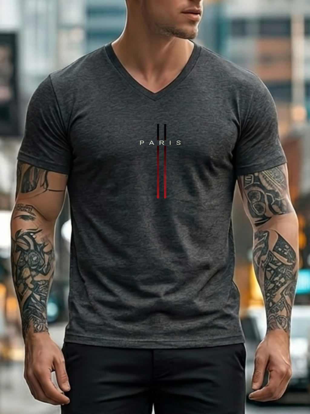 Casual Minimalist Men's T-Shirt Paris Text And Lines Design Summer And Spring Wear for Himself Or Friend - Dark Gray