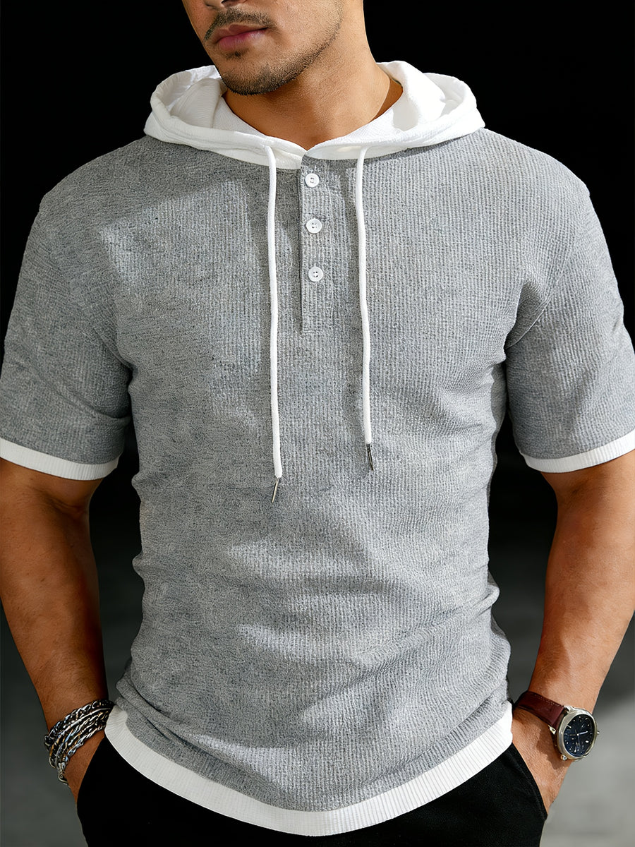 Josh Rose Summer Men's High-Quality Waffle Hooded Short-Sleeve T-Shirt - Unique Fashionable Patchwork Design with Special Textured Fabric, Adjustable Drawstring with Button, Suitable for Gym Workouts, Sports, Casual Wear, Outdoor Camping - Grey