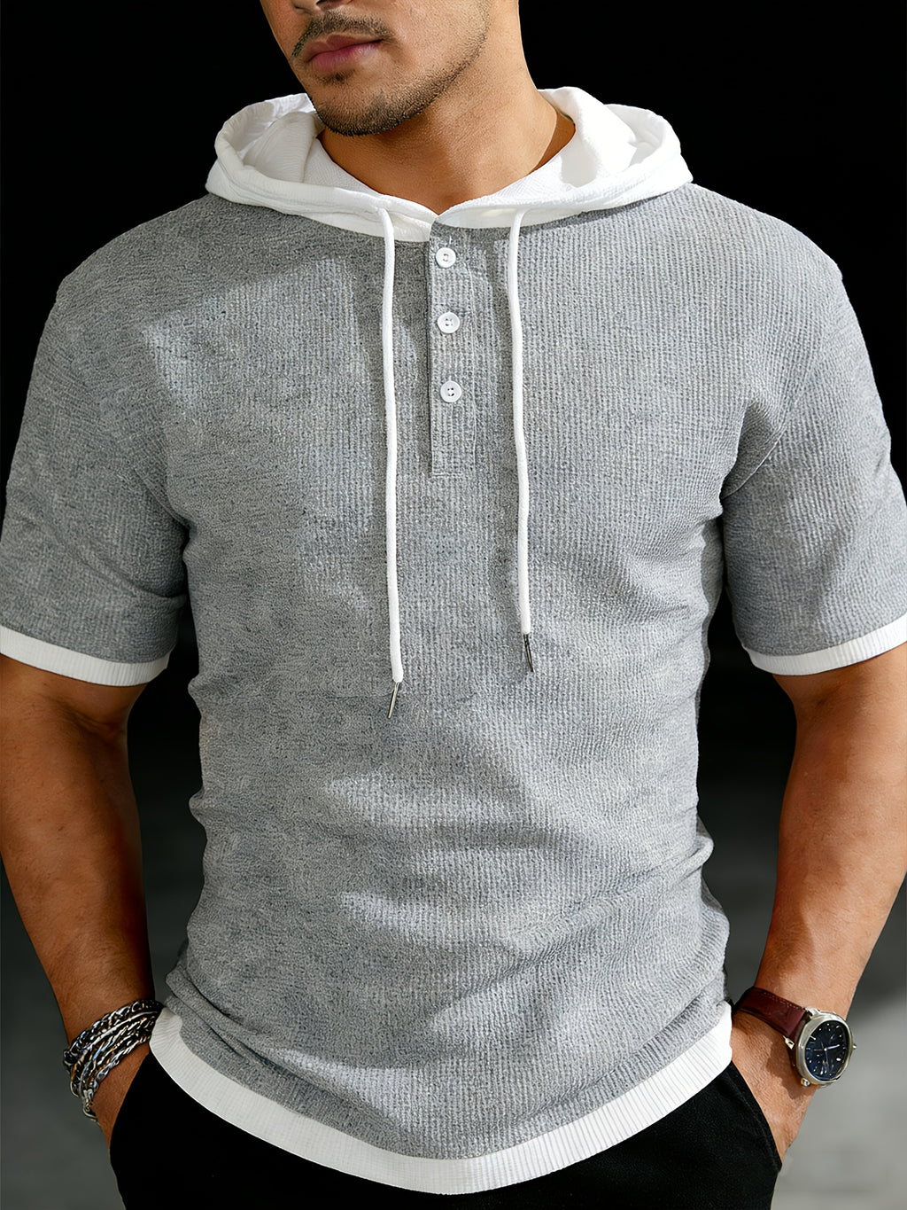 Josh Rose Summer Men's High-Quality Waffle Hooded Short-Sleeve T-Shirt - Unique Fashionable Patchwork Design with Special Textured Fabric, Adjustable Drawstring with Button, Suitable for Gym Workouts, Sports, Casual Wear, Outdoor Camping - Grey
