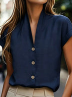 Spring and Summer Korean Style Easy V-Neck Ruffled Sleeve Shirt - Navy Color