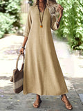 Women's Casual V-Neck Long Sleeve Solid Color A-Line Loose Fit Maxi Dress - Apricot