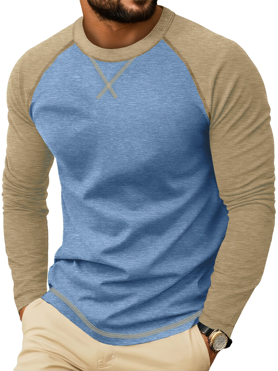 Cross-Border Men'S Long Sleeve Round Neck T-Shirt, Export European And American Men'S Clothing Color-Block Top Base Layer - Light Blue