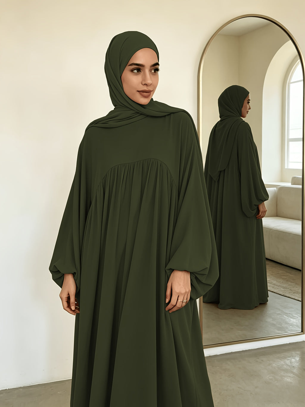 Modest Gathered Waist Maxi Dress, Loose Fit Balloon Long Sleeve Dress with Elastic Cuffs for Daily Wear - Military green1