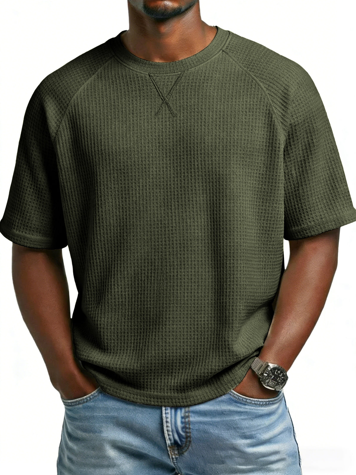 Men'S 2 pc Waffle Knit T Shirts Short Sleeve Crew Neck, Breathable Textured Fabric Casual Tops, Lightweight Soft Comfortable Fit, Ideal for Daily Wear, Travel, Street Fashion And Warm Weather Style - Army Green+Navy Blue