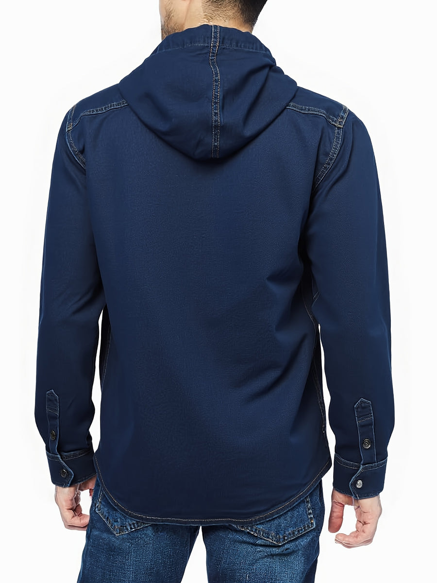 Original New Style Men'S Hooded Denim Shirt, Spring Autumn Tie-Dye Denim Jacket, American Retro Handmade Washed Distressed Texture Design, Zippered Long Sleeve Denim Coat, Casual Versatile Fit - Royal Blue